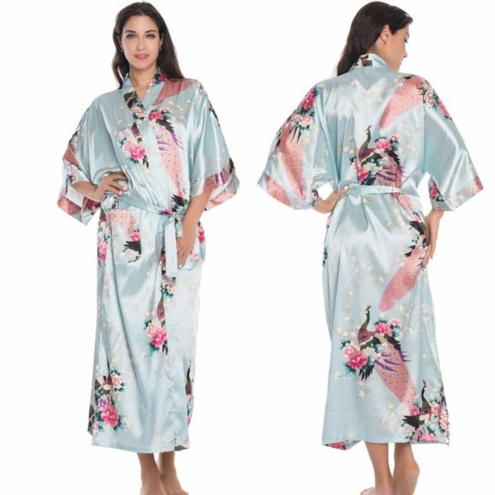Aquamarine Dream Satin Kimono Robe - Picture 2 of 7